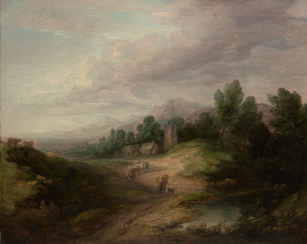 Thomas Gainsborough. Landscape with a forest and a village in the hills