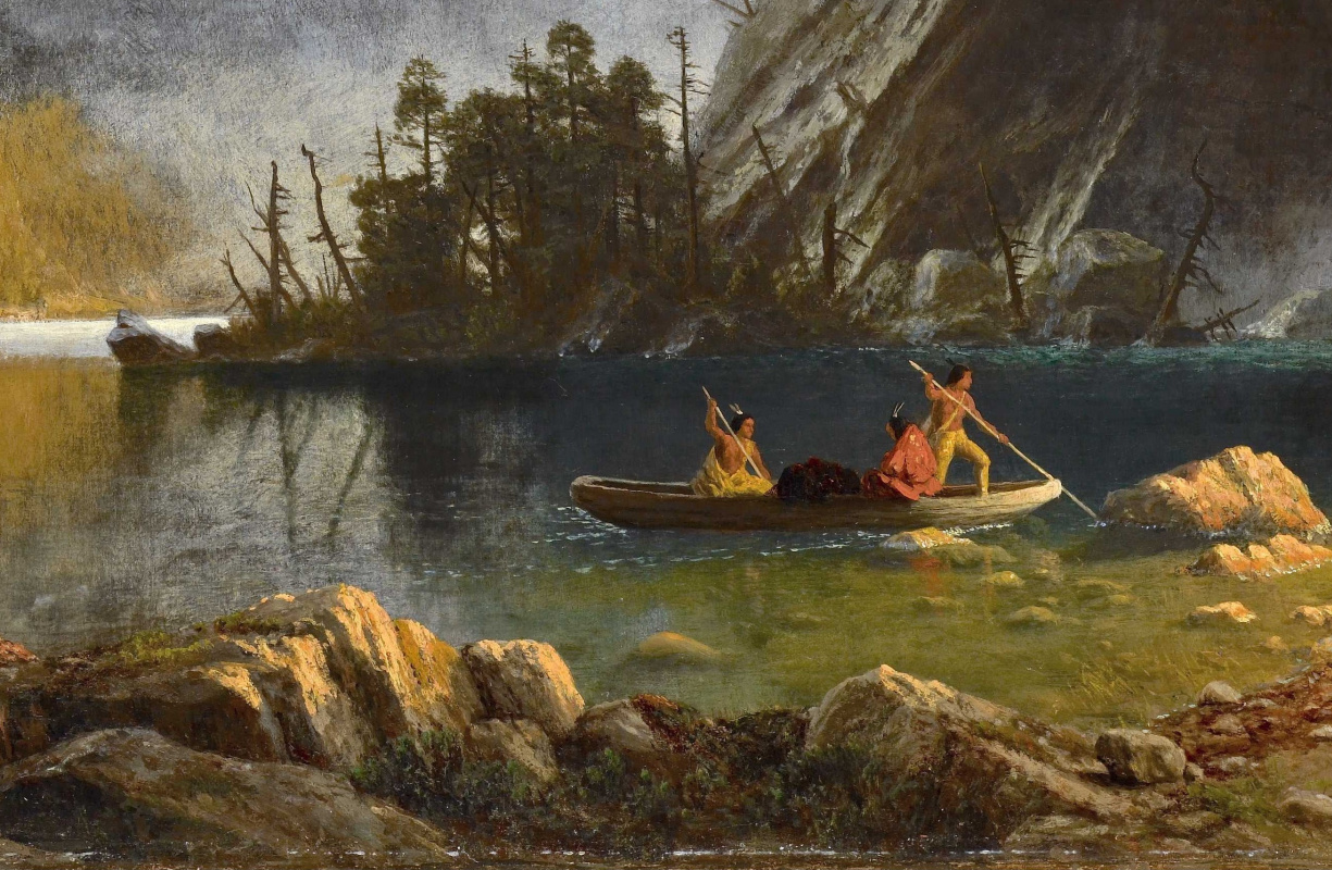Albert Birštadt. Fishing Indians. Fragment. Canoeing on the river