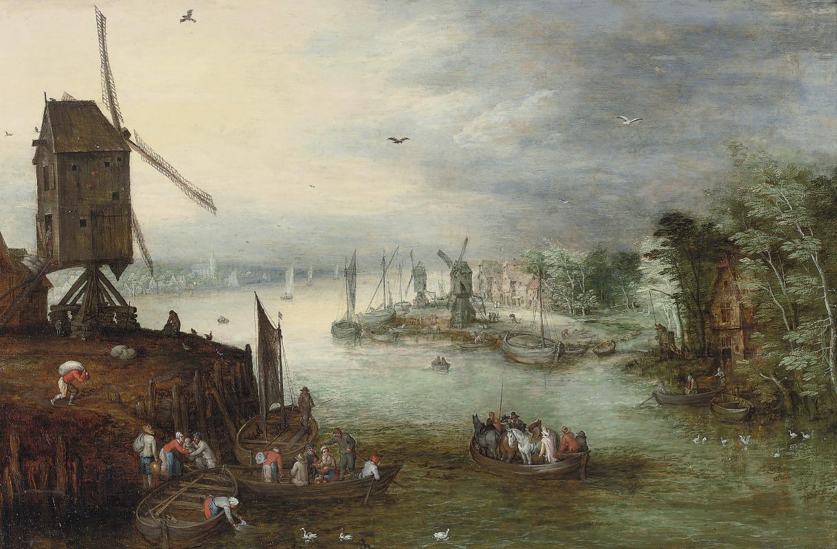 Jan Brueghel the Younger. Flusslandschaft mit Fähre und Windmühle