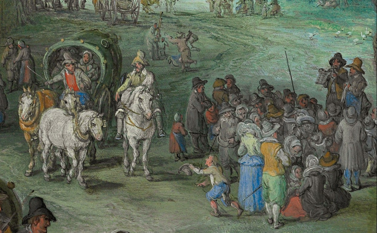 Jan Bruegel The Elder. Dancing figures on the banks of the river fragment. Beggar