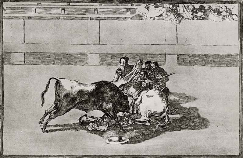 Francisco Goya. A series of "Tauromachia", page 26: the Fallen from his horse picador