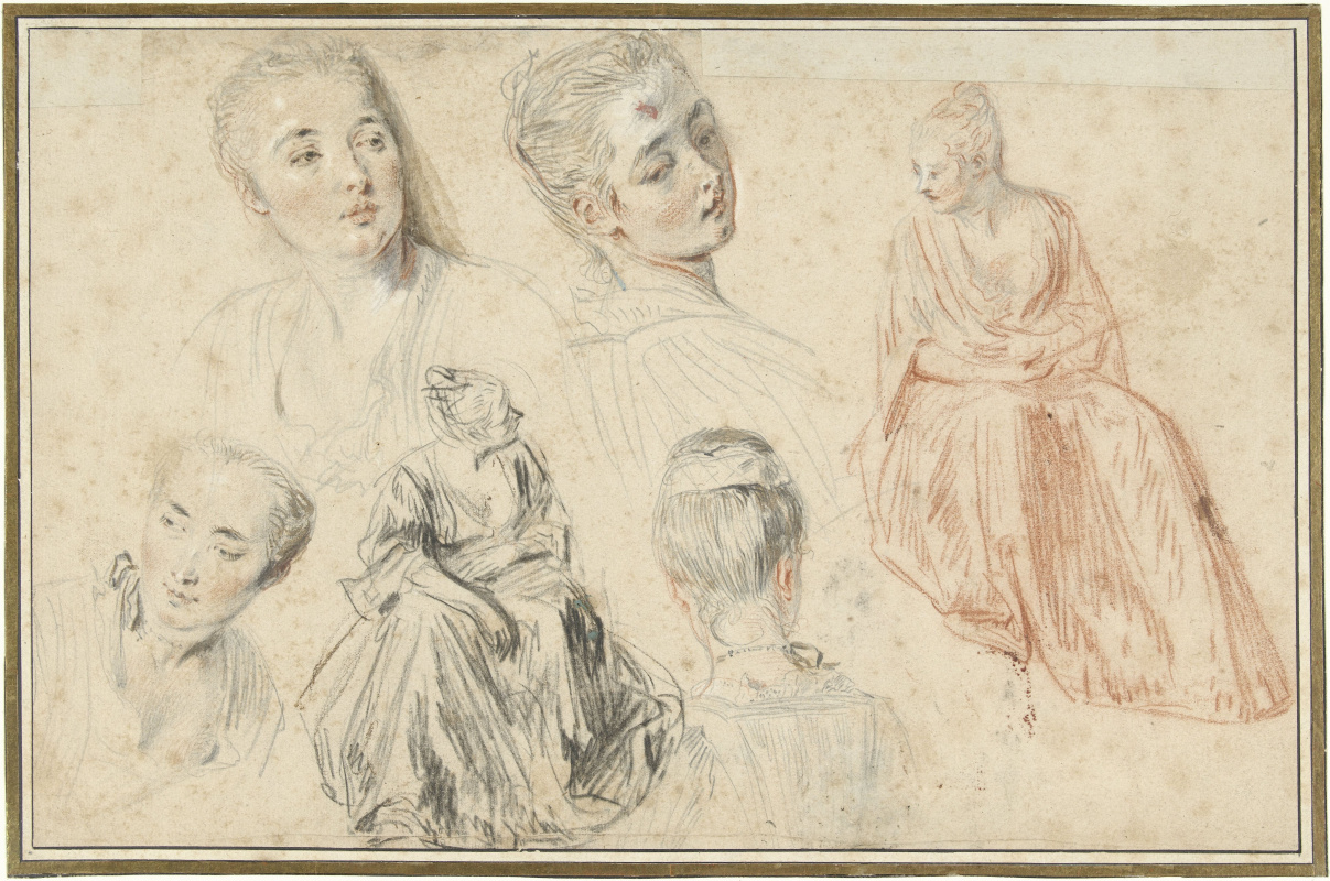 Antoine Watteau. Four Studies of a Woman's Head and Two of a Seated Woman