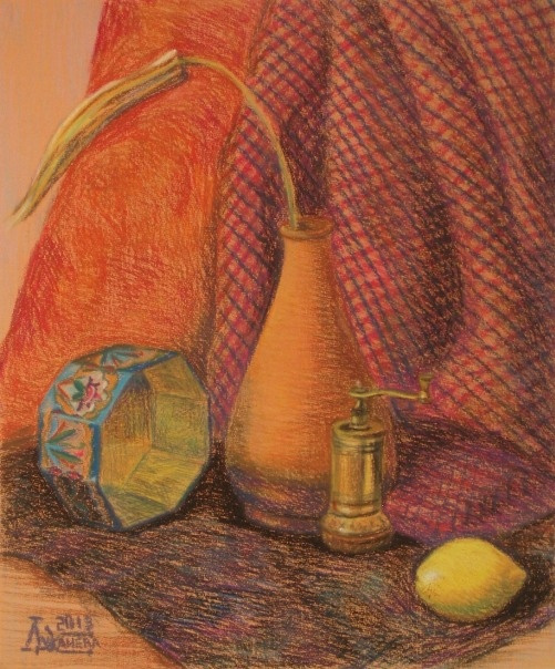 Лариса Луканьова. Натюрморт с лимоном и сухим цветком