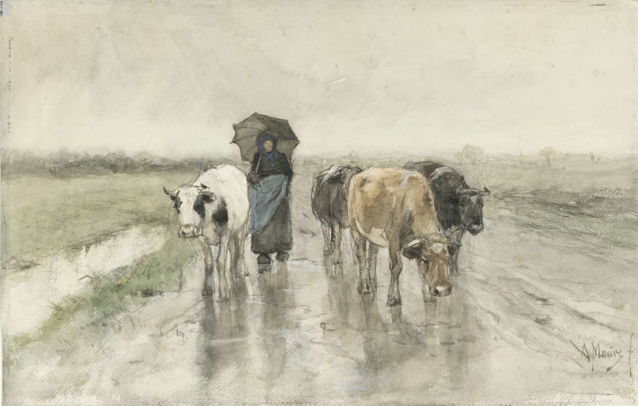 Anton Maouve. Shepherdess with cows on a rural road in the rain