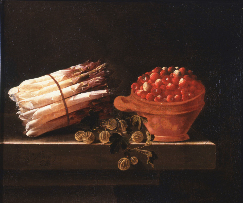 Adrian Coort (Coorte). Asparagus, strawberries and gooseberries