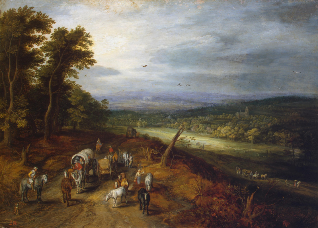 Jan Bruegel The Elder. Forest landscape with travelers and a church in the distance