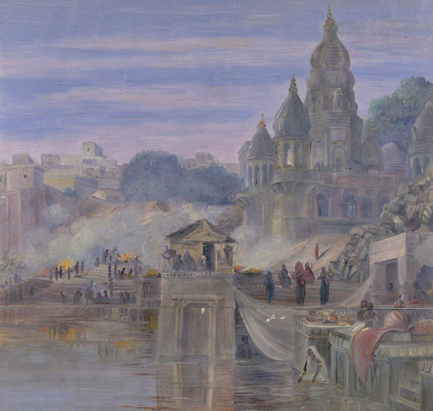 Marianna North. Cremation: burning ghats. Benares, India