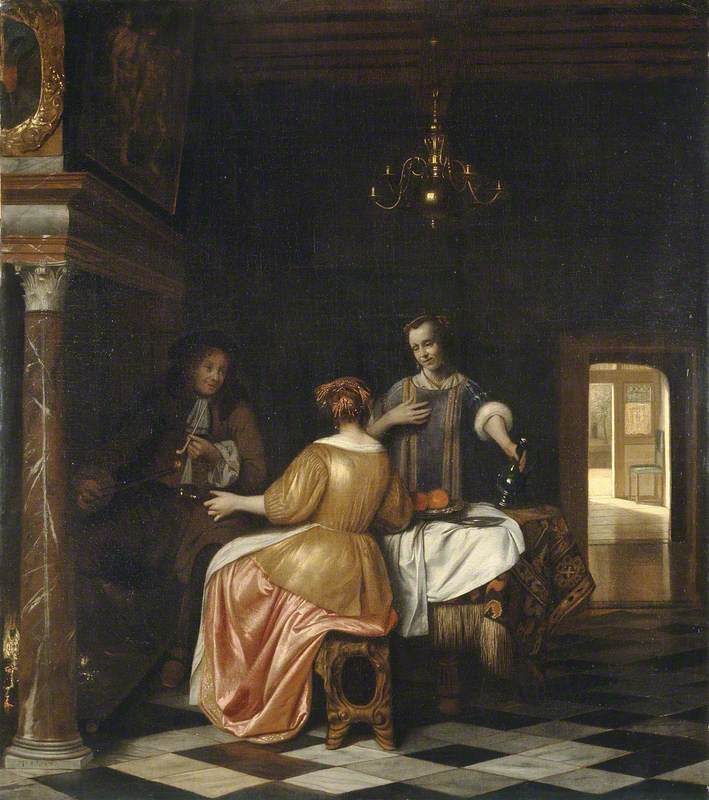 Pieter de Hooch. Interior with a man and two women