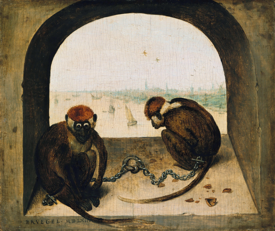 Pieter Bruegel The Elder. Two monkeys on a chain