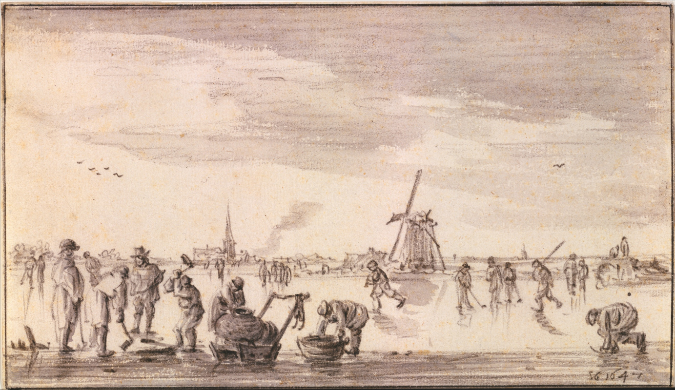 Jan van Goyen. Winter landscape with skaters and fishermen