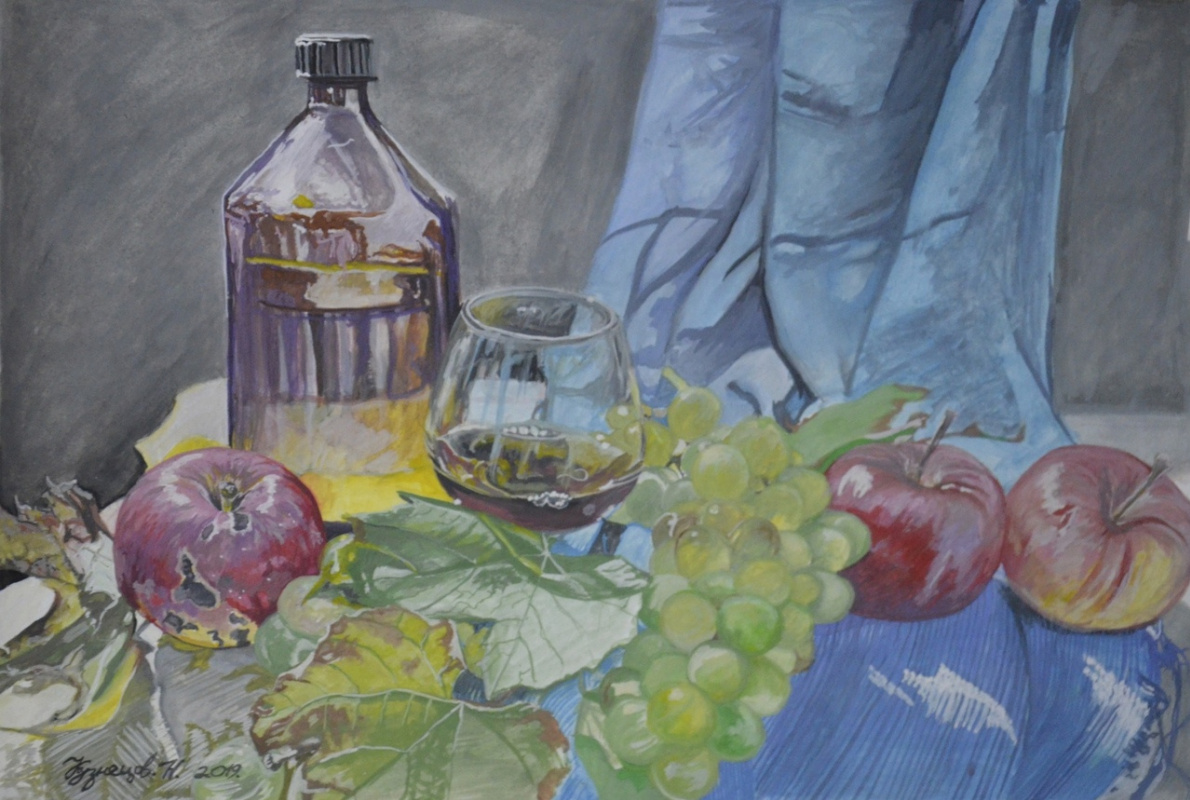 Kuznetsov.N. Bottle, apples and grapes.
