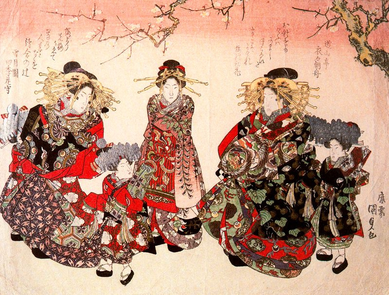 Утагава Кунисада. Праздничное шествие куртизанок с прислугой под расцветающим вишневым деревом