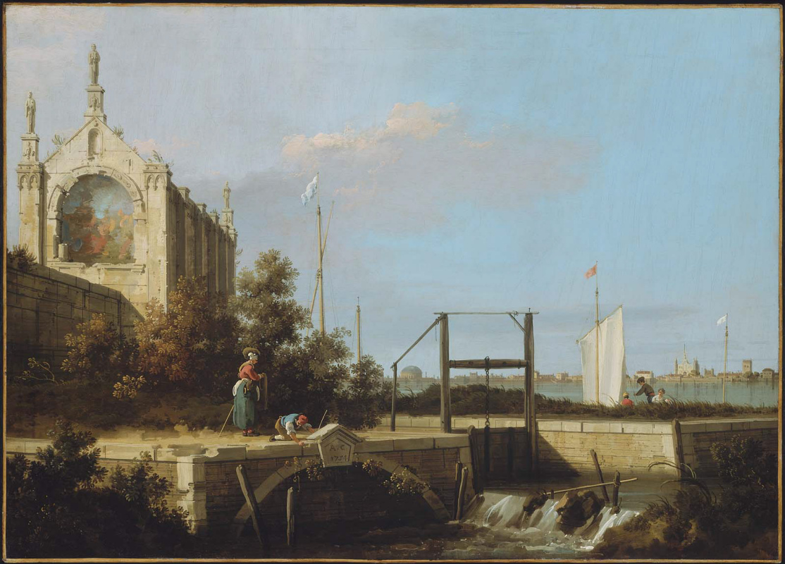 Giovanni Antonio Canal (Canaletto). Gateway on the river with a chapel