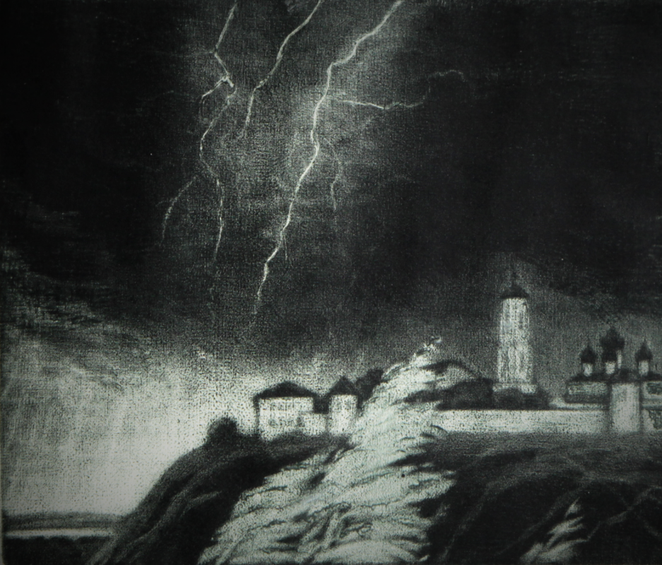 Alexander Ivanovich Galkovsky. "The storm over the Irtysh" mezzotint