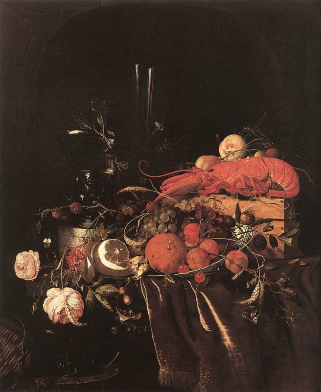 Jan Davids de Hem. Still life with fruit, flowers, glasses and lobster