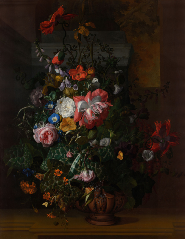 Rachelle Ruysch. Roses convolvulus poppies and other flowers in a vase on a stone shelf