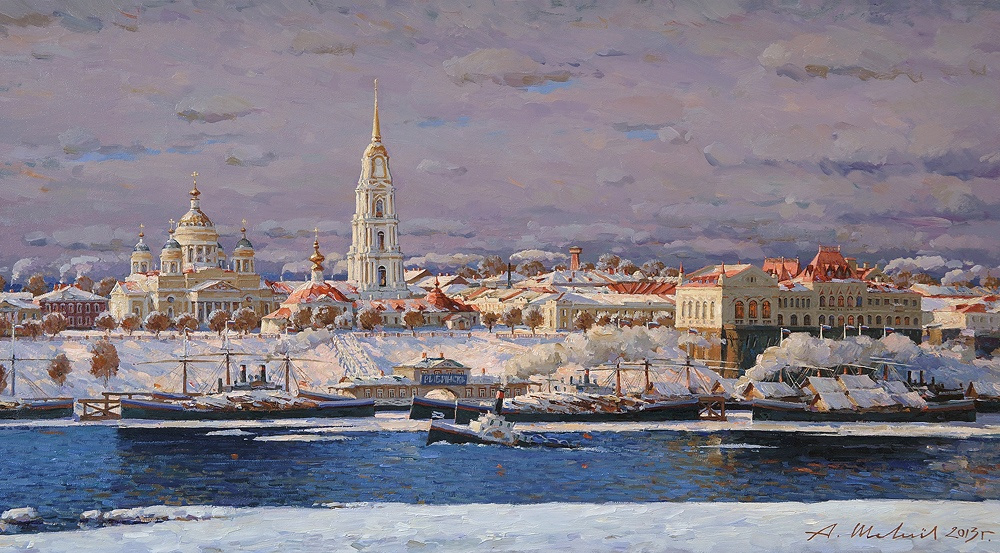 Alexander Shevelyov. Cathedral and stock exchange. Winter. Oil on canvas 45, 4 x 76, 5 cm 2013