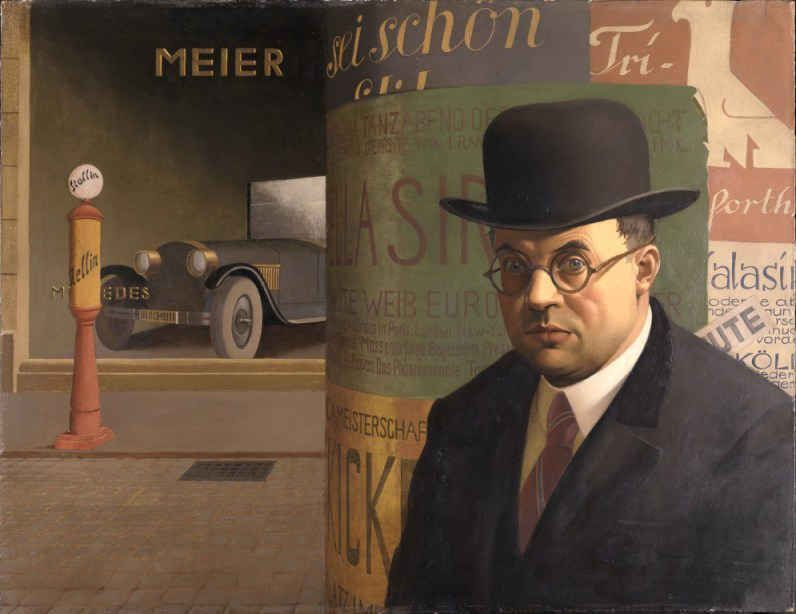 Georg Scholz. Self-portrait on the background of the column with the ads