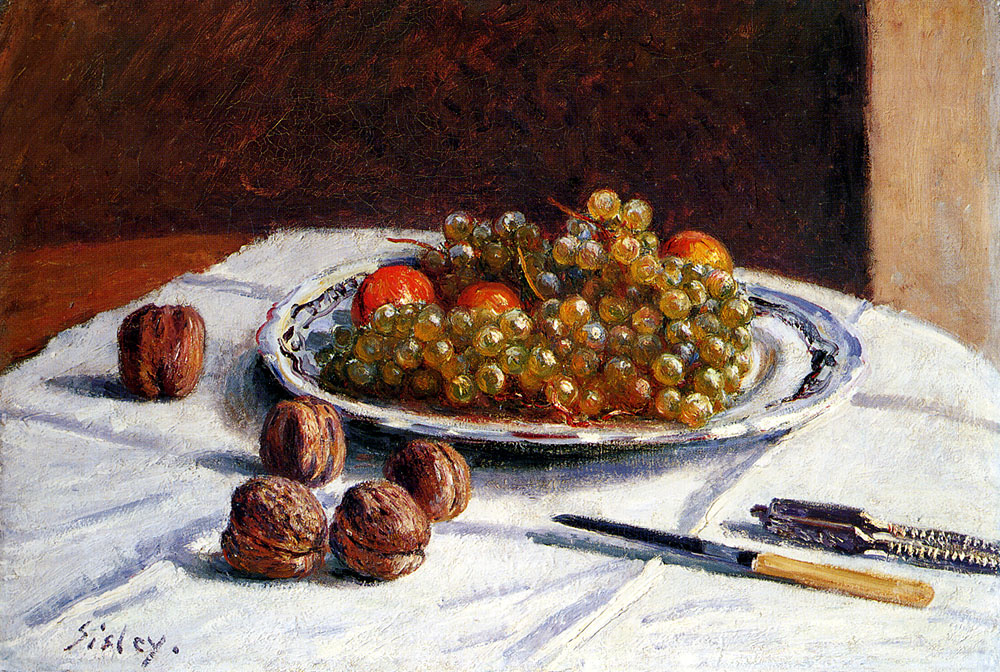 Alfred Sisley. Grapes and walnuts on a table