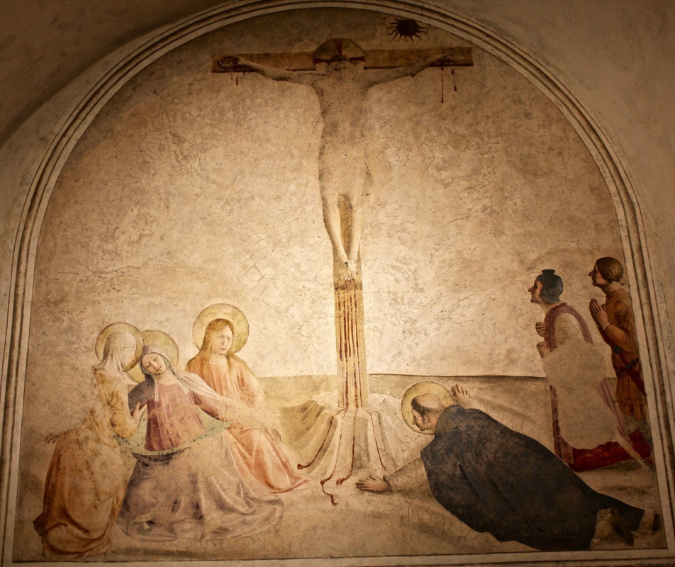 Fra Beato Angelico. Crucifixion of Christ with Mary, St. Dominic and Centurions. Fresco of the Monastery of San Marco, Florence