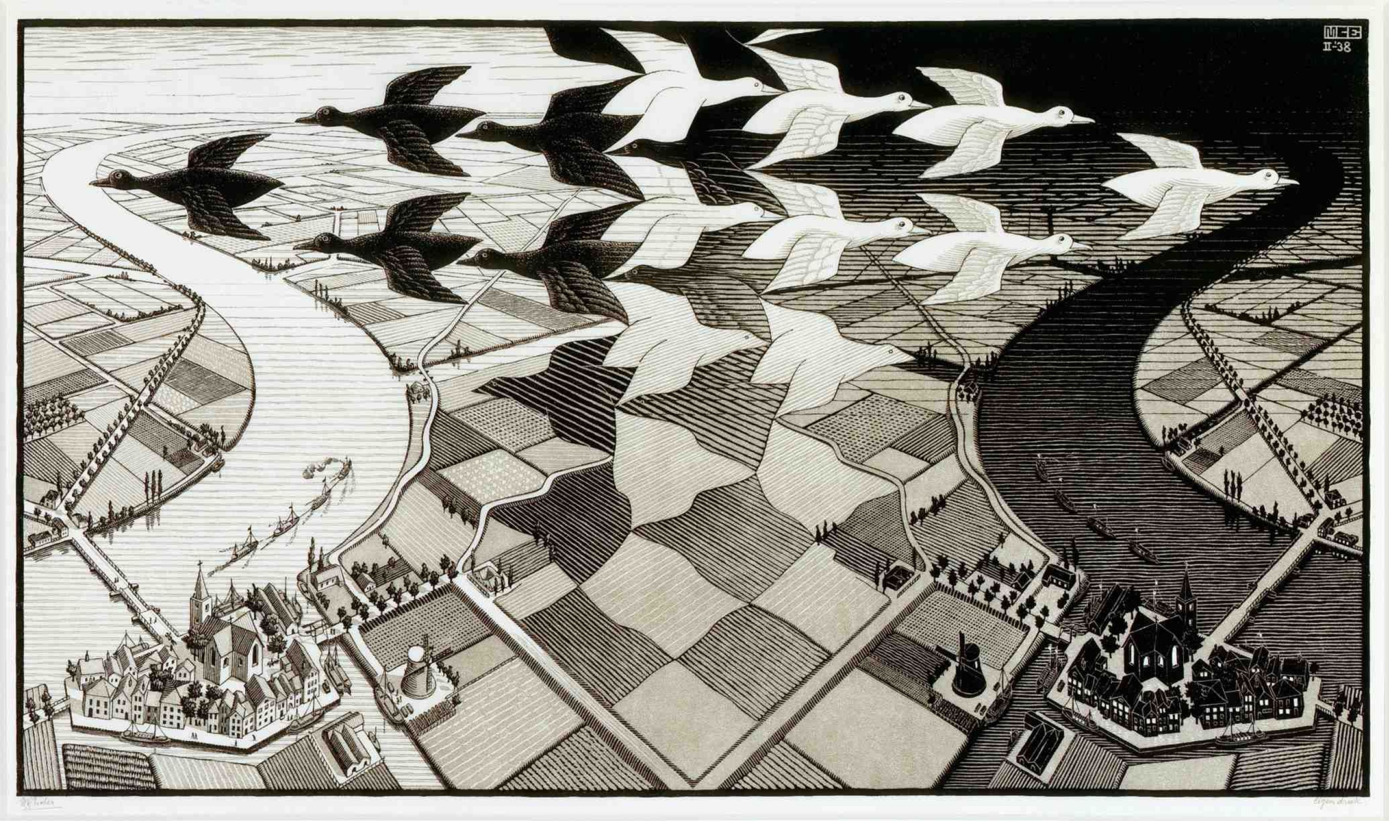 M.C. Escher mcエッシャー　Day&Night 昼と夜 Day and night, 1938, 68×39 cm by Maurits Cornelis Escher: History
