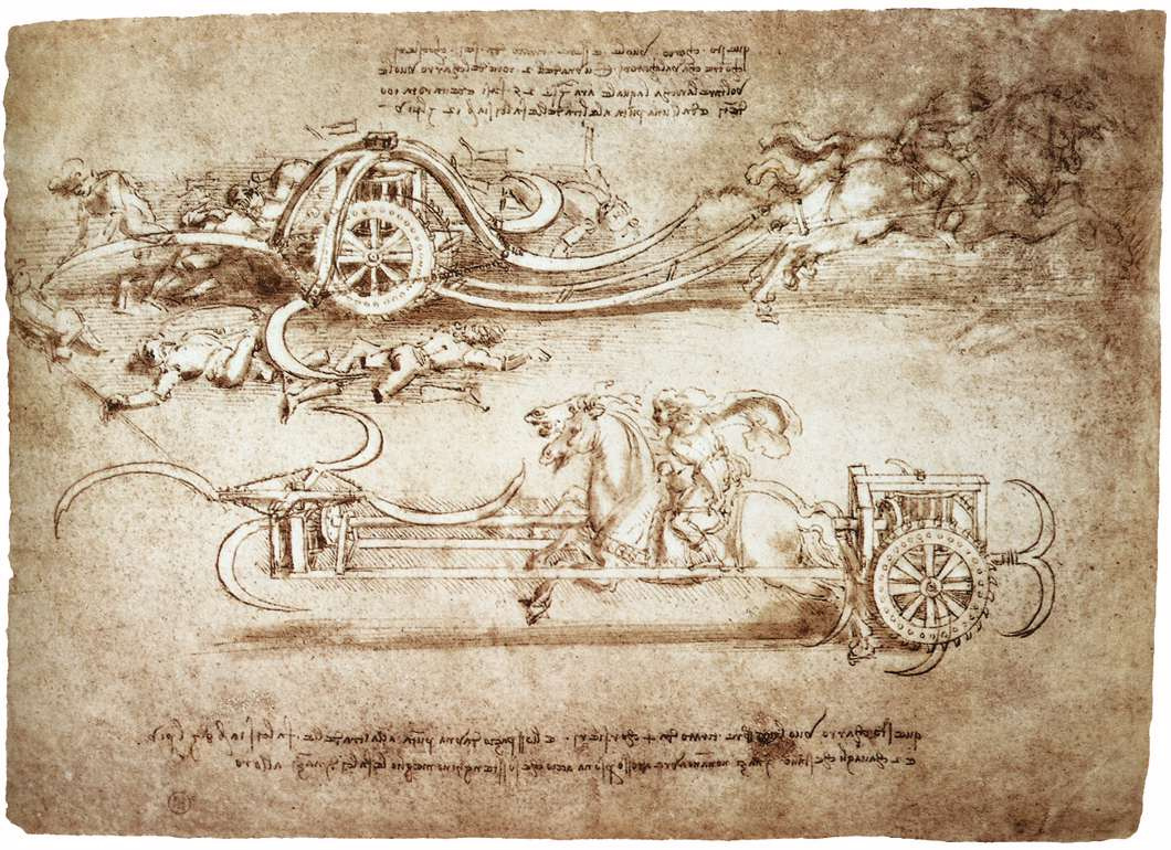 Leonardo da Vinci. Drawing of an assault chariot equipped with scythes