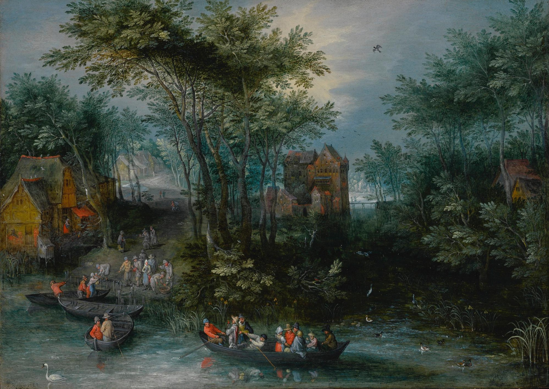 Jan Bruegel The Elder. Forest landscape with peasants in a boat