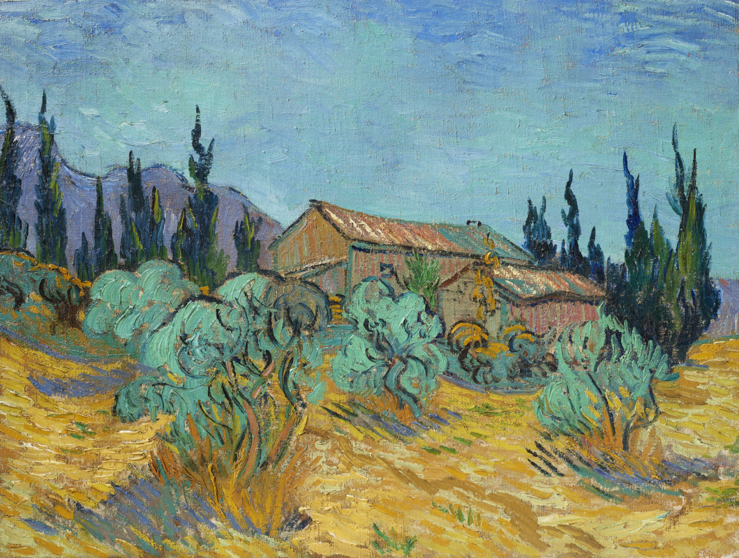 Vincent van Gogh. Cabanes de bois parmi les oliviers et cyprès