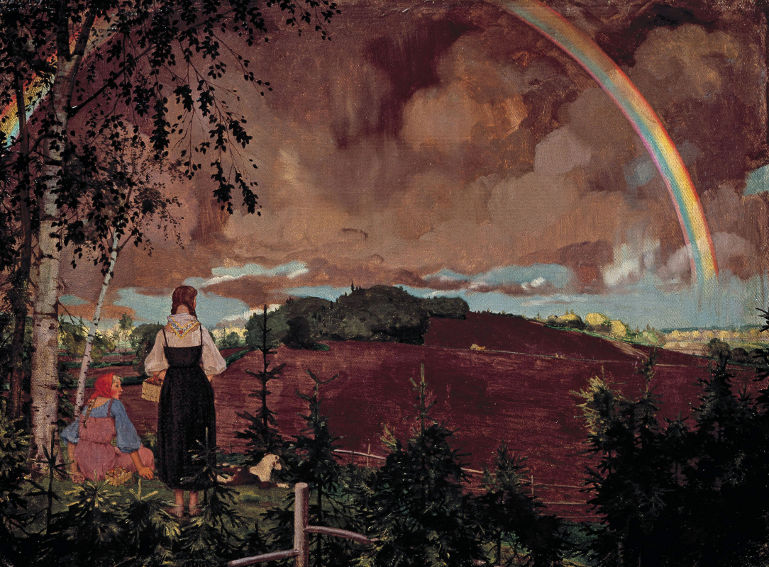 Constantin Somov. Landscape with two peasant girls and a rainbow (rainbow)