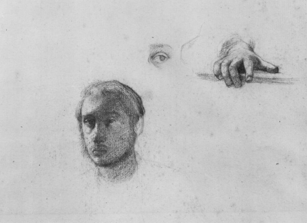 Edgar Degas. Sheet of sketches with a portrait and sketch hands