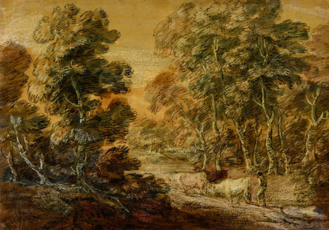 Thomas Gainsborough. Forest landscape with a road, a shepherd and cows