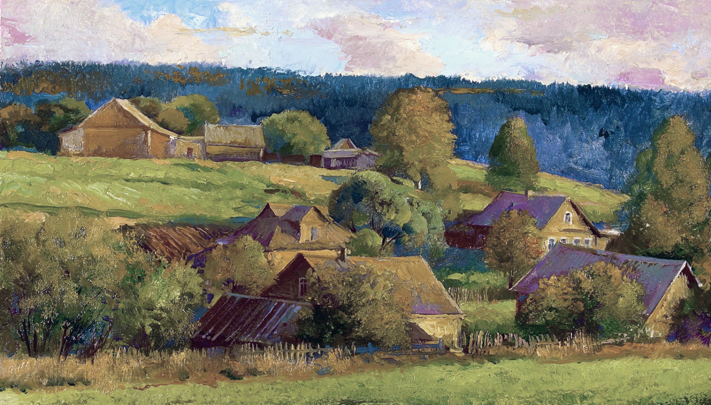 Alexander Viktorovich Shevelev. Il villaggio. Olio su cartone 20,2 x 35 cm, 2005