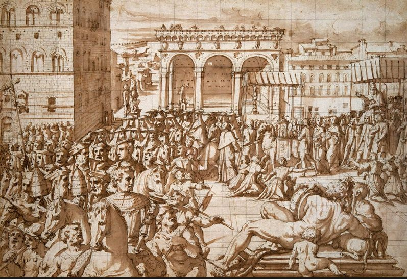 Giorgio Vasari. The procession of Pope Leo X through the square Signorini in Florence