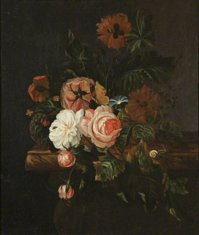 Willem van Aelst. Roses, poppies and a snail