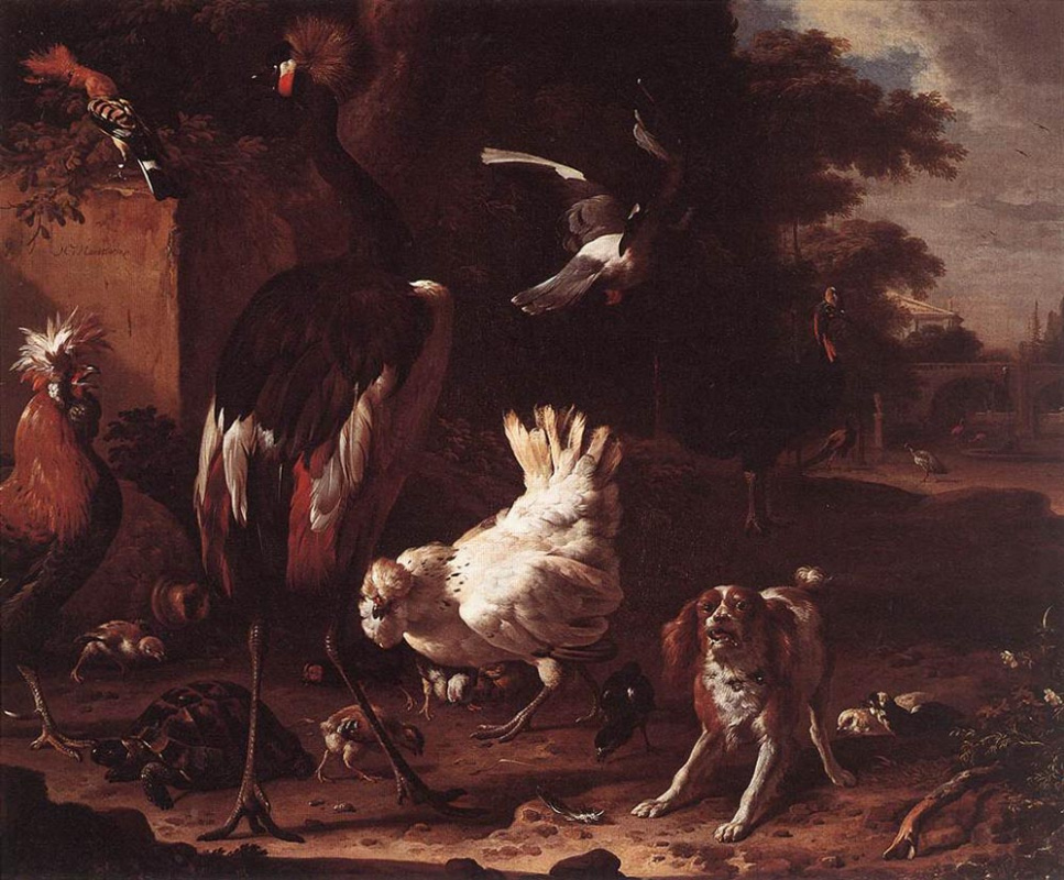 Melchior de Hondecuiter. Birds and a Spaniel in a garden