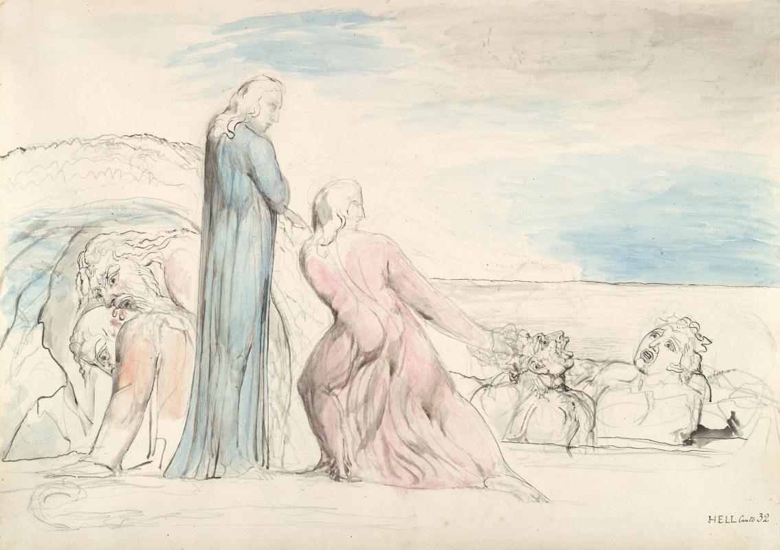 William Blake. Dante pulls hair Bocca degli Abati. Illustrations for "the divine Comedy"
