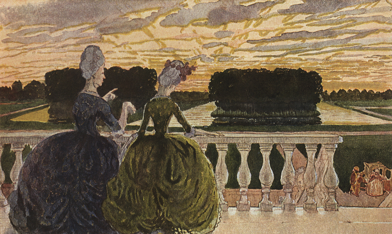 Константин Андреевич Сомов. Две дамы на террасе. Эскиз для вышивки шелком и золотом