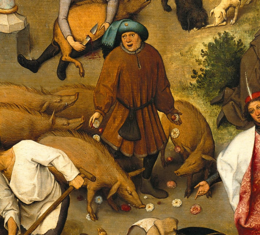 Pieter Bruegel The Elder. Flemish proverbs. Fragment: Throwing roses in front of pigs - waste valuable on unworthy