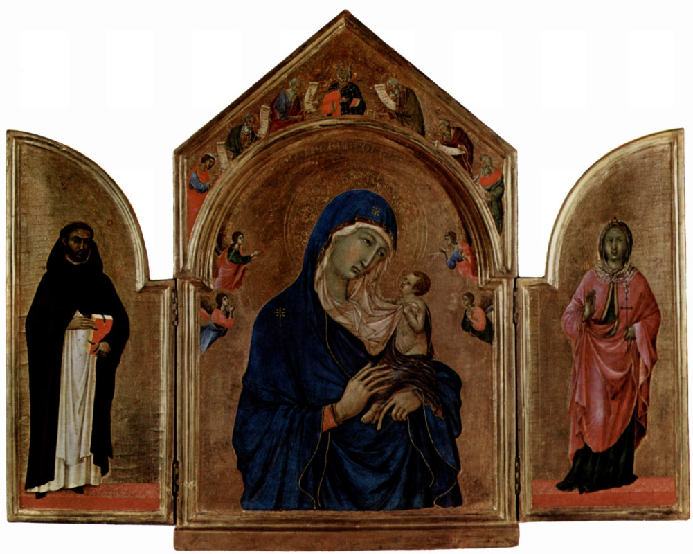 Дуччо ди Буонинсенья. Лондонский триптих, центральная часть: Мадонна с ангелом и пророками в тимпане, левая створка: св. Доминик