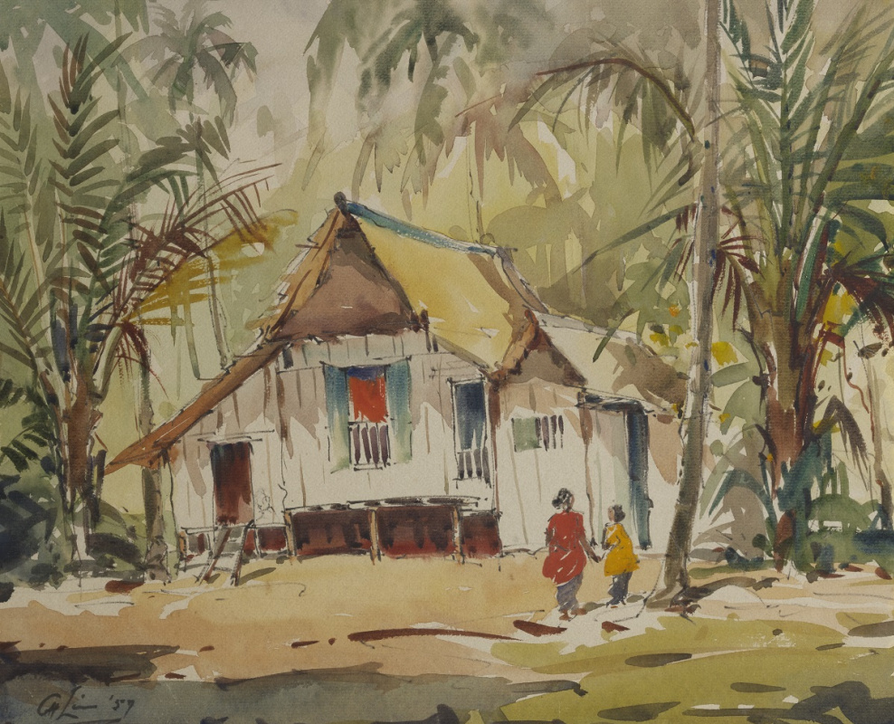 Lim Cheng Hoe. Not titled] (Kampong House with Two Figures)