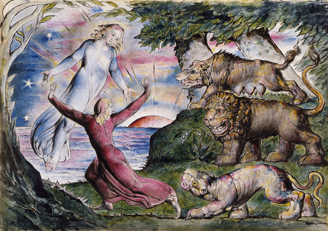 William Blake. Dante running from three beasts. Illustrations for "The Divine Comedy"
