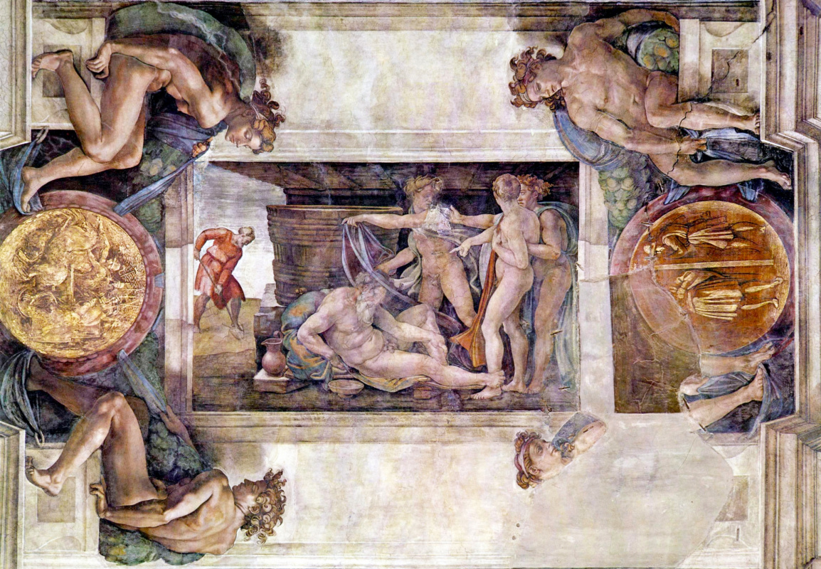 Michelangelo Buonarroti. The ceiling of the Sistine chapel. Detail. Drunkenness of Noah.