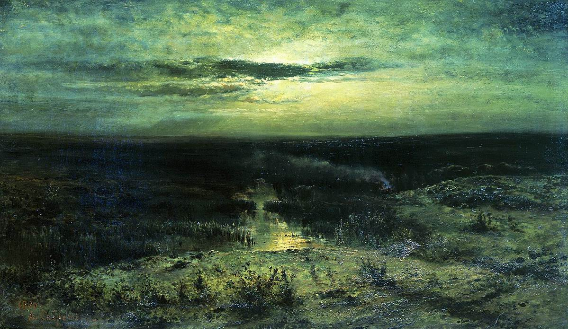 Алексей Кондратьевич Саврасов - Лунная ночь. Болото, 1870, 80×46 см:  Описание произведения | Артхив