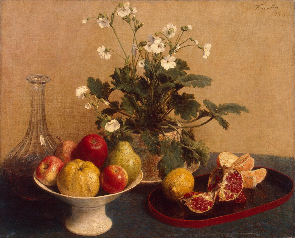 Henri Fantin-Latour. Flowers, fruit bowl and a decanter