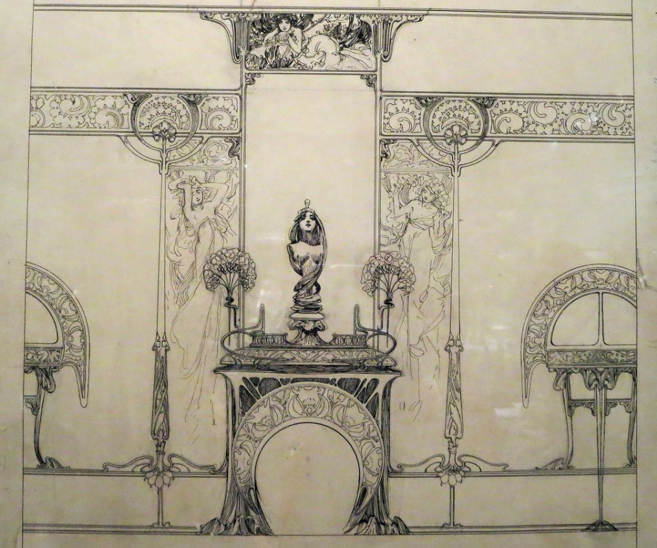 Alfonse Mucha. A sketch of the interior jewelry boutique of Georges Fouquet