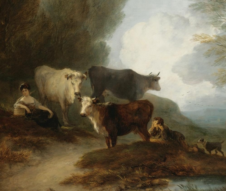 Thomas Gainsborough. Landscape with cows and a milkmaid. Fragment