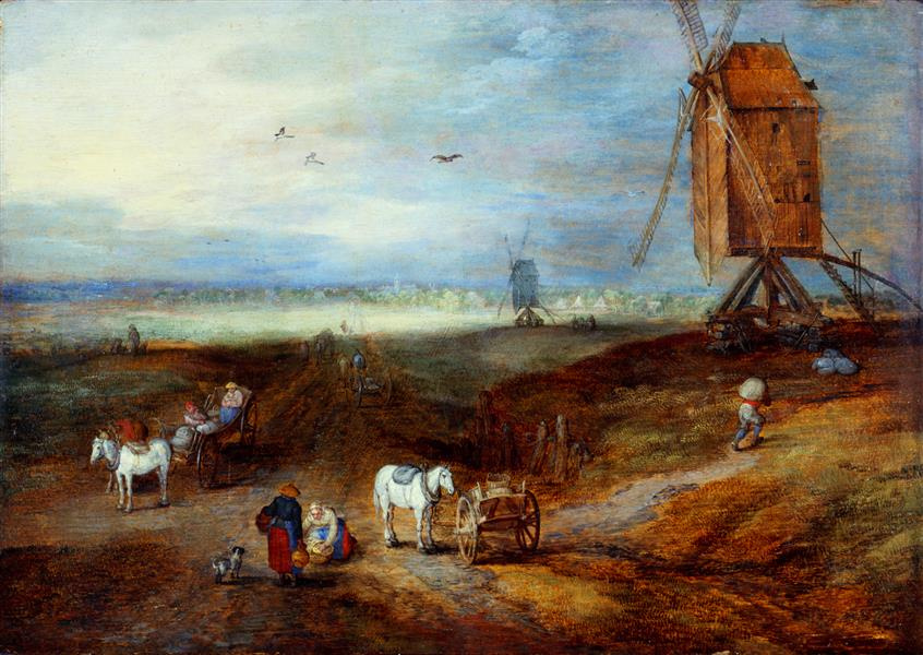 Jan Bruegel The Elder. Ebene mit Windmühlen