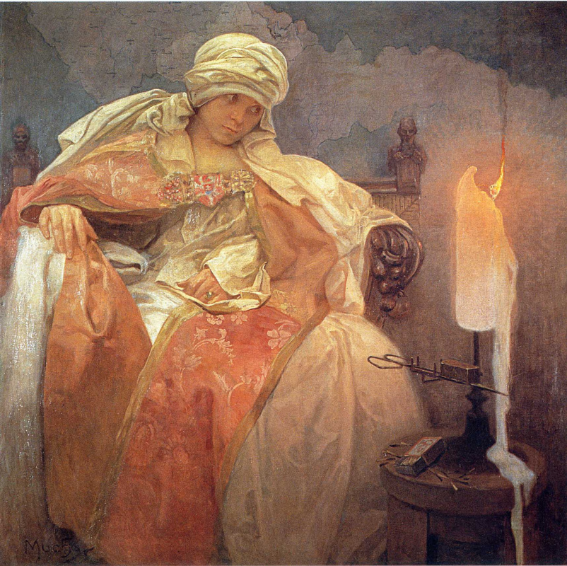 Alfonse Mucha. Woman with a burning candle