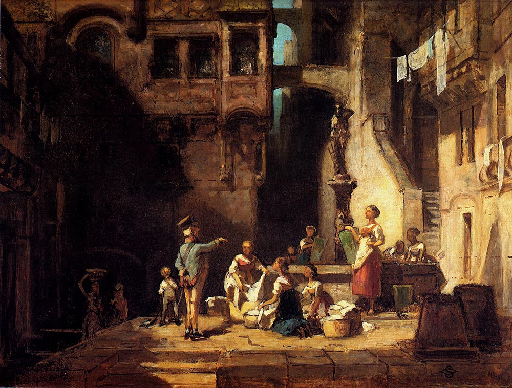 Karl Spitzweg. Washerwomen of the city fountain