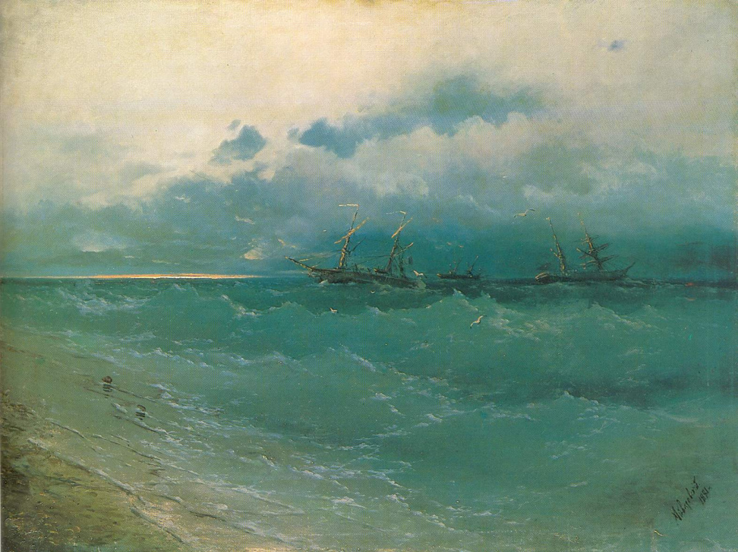 Ivan Aivazovsky. Ships in a stormy sea. Sunrise